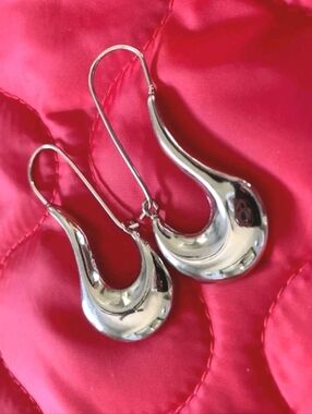 Women's Elegant Shiny Puffed925 Sterling Silver Dangle Earrings Length 1.90 Inch